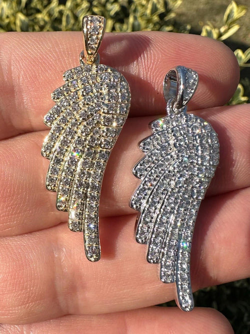 1.24ct Real DIAMOND Angel Wing Iced Out Pendant - 14k Gold Vermeil Or 925 Silver - Small 1.5"