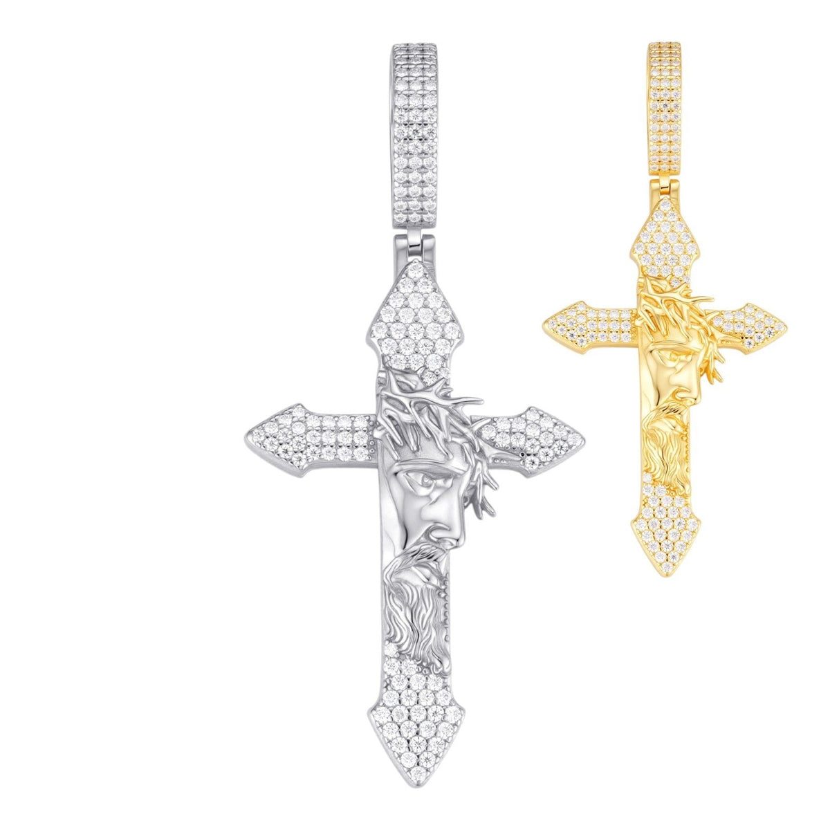 MOISSANITE Passion Of Christ Jesus On Gothic Cross Pendant - 14k Yellow Gold Vermeil Or 925 Silver - Large 2.5"