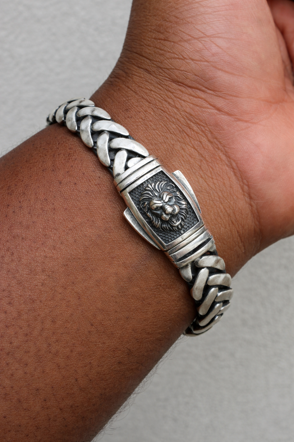 Wheat Link Bracelet With Custom Lion Sleek Clasp - 925 Sterling Silver Oxidized Gunmetal - 7"-9" - 10mm