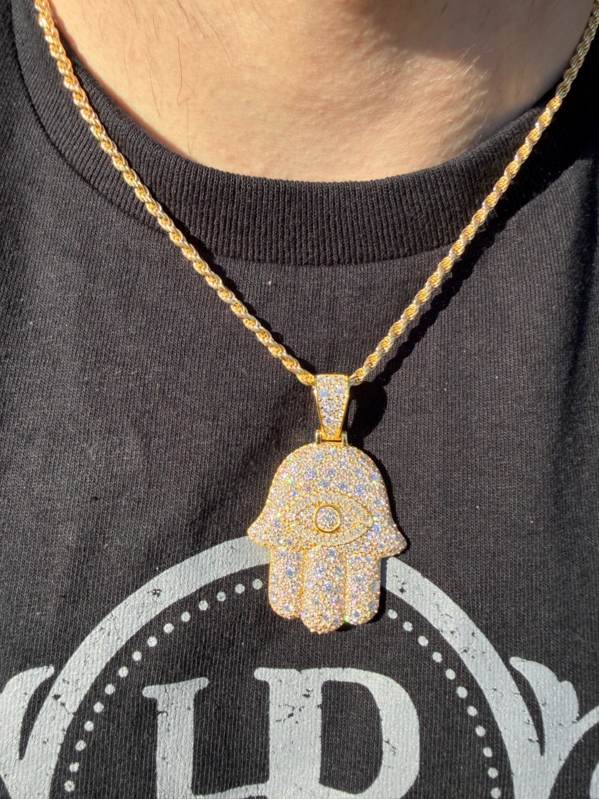MOISSANITE Mosaic Setting Hamsa W. Evil Eye Pendant - 14k Yellow Gold Vermeil Or 925 Silver - Medium 2"