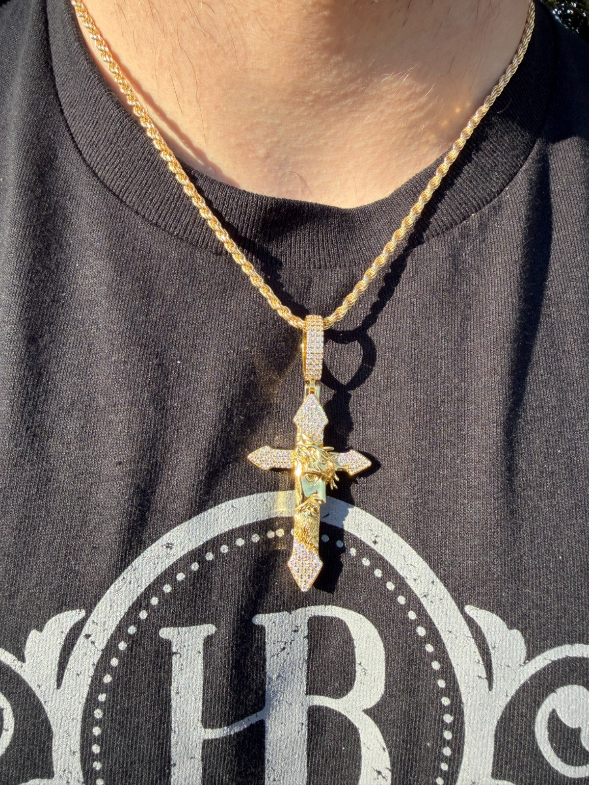 MOISSANITE Passion Of Christ Jesus On Gothic Cross Pendant - 14k Yellow Gold Vermeil Or 925 Silver - Large 2.5"
