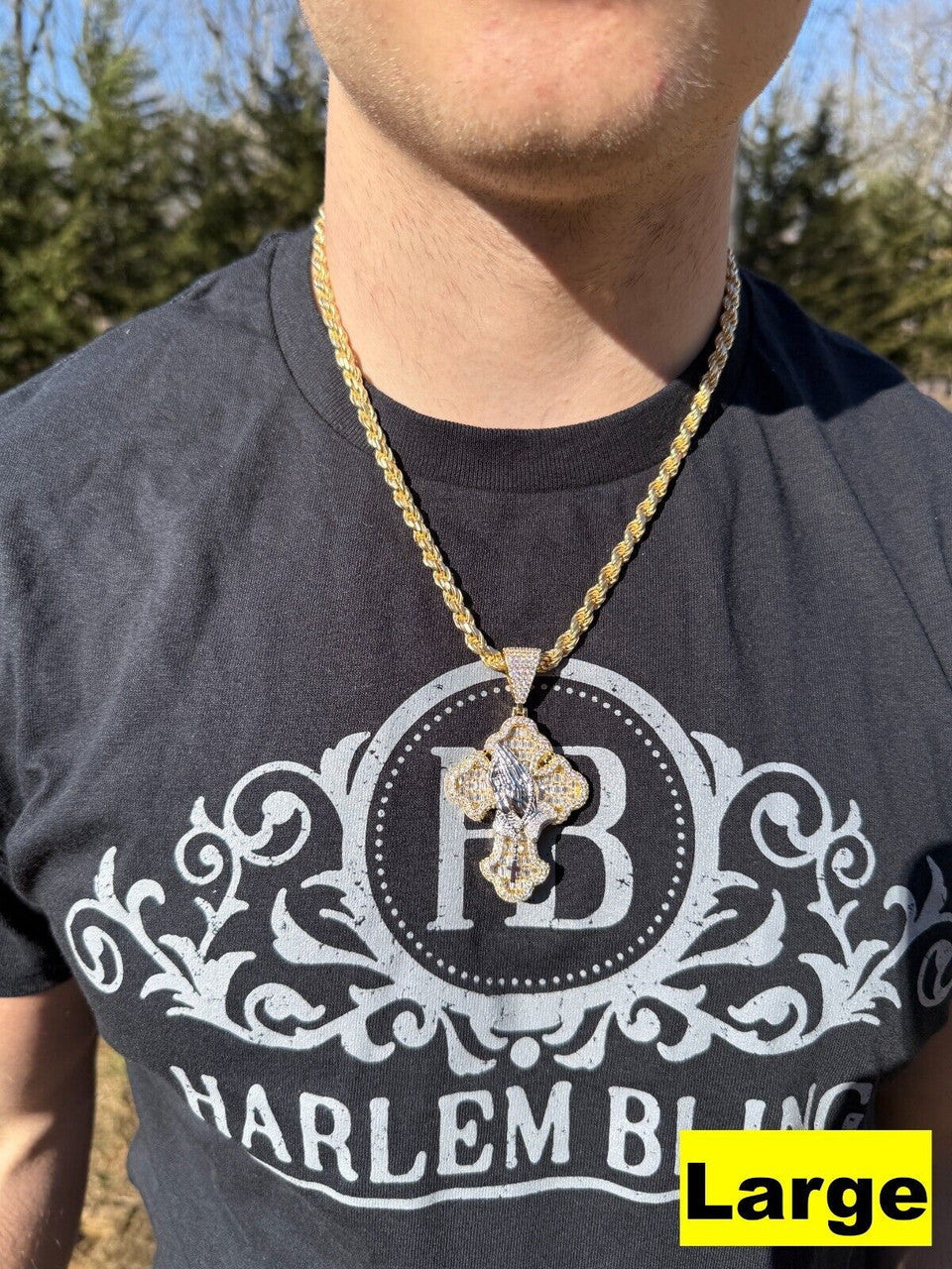 MOISSANITE Baguette Gothic Cross & Praying Hands Pendant - 14k Gold Vermeil 925 Silver - 3 Sizes 1.5"-2.75"
