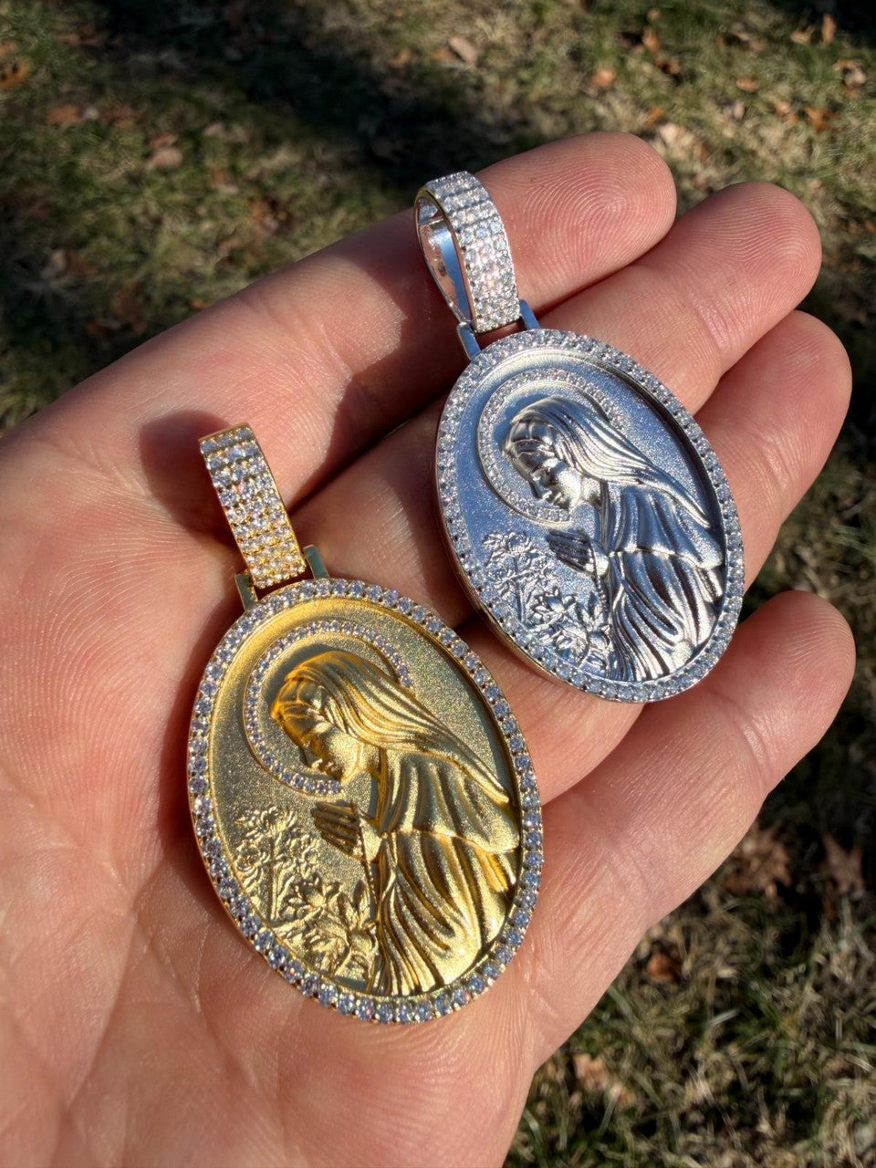 MOISSANITE Virgin Mary Sandblasted Medallion Pendant - 14k Gold Vermeil Or 925 Silver - Medium 2"