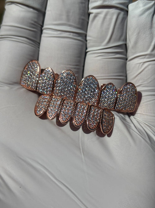 14k Rose Gold Plated Real 925 Sterling Silver CZ GRILLZ Teeth Top Bottom HipHop