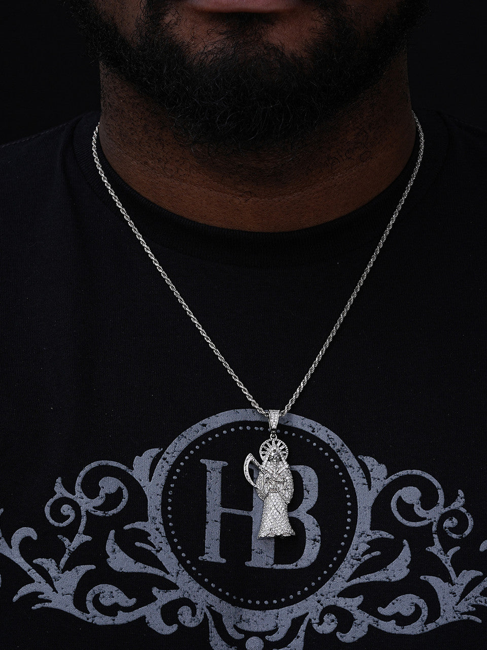 MOISSANITE Santa Muerte Grim Reaper Iced Out Pendant - 14k Gold Vermeil Or 925 Silver - Large 2.5"