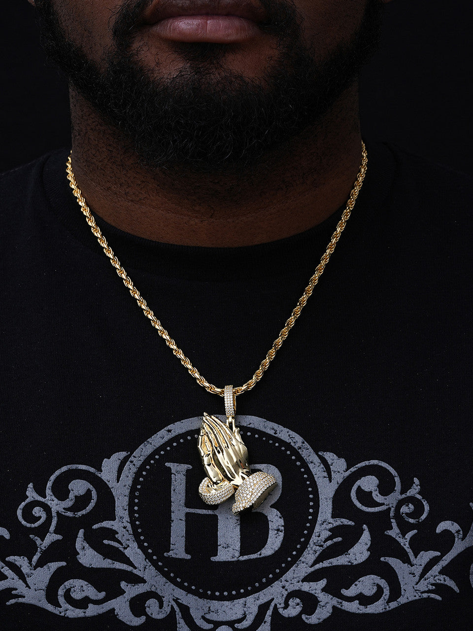 MOISSANITE Praying Folded Hands Religious Pendant - 14k Gold Vermeil 925 Silver - 3 Sizes 1.25"-2.75"
