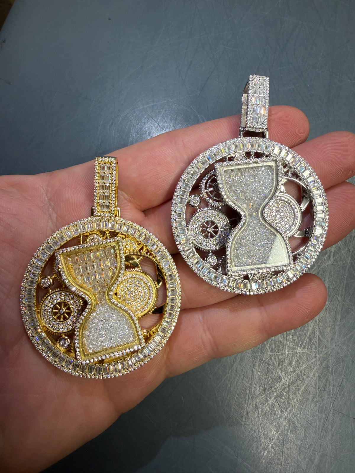 LIMITED EDITION - MOISSANITE Spinning "Time Is Money" Sand Clock Iced Out Pendant - 14k Gold Vermeil Or 925 Silver - Large 2.75"