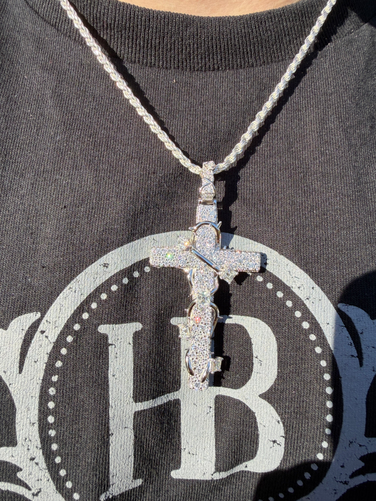 MOISSANITE Mosaic Setting Iced Cross W. Thorns Pendant - 14k Yellow/Rose Gold Vermeil Or 925 Silver - Large 2.75"