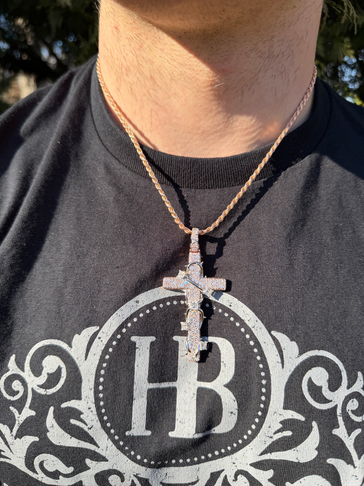 MOISSANITE Mosaic Setting Iced Cross W. Thorns Pendant - 14k Yellow/Rose Gold Vermeil Or 925 Silver - Large 2.75"