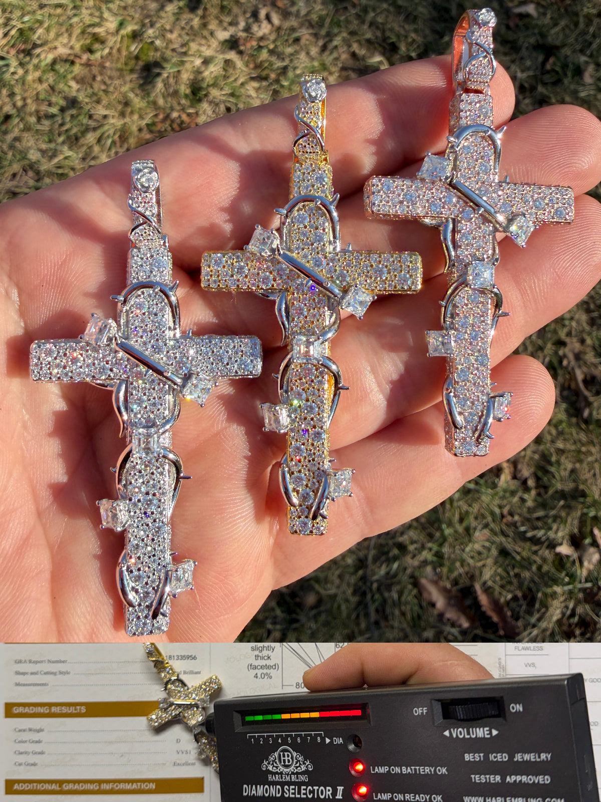 MOISSANITE Mosaic Setting Iced Cross W. Thorns Pendant - 14k Yellow/Rose Gold Vermeil Or 925 Silver - Large 2.75"