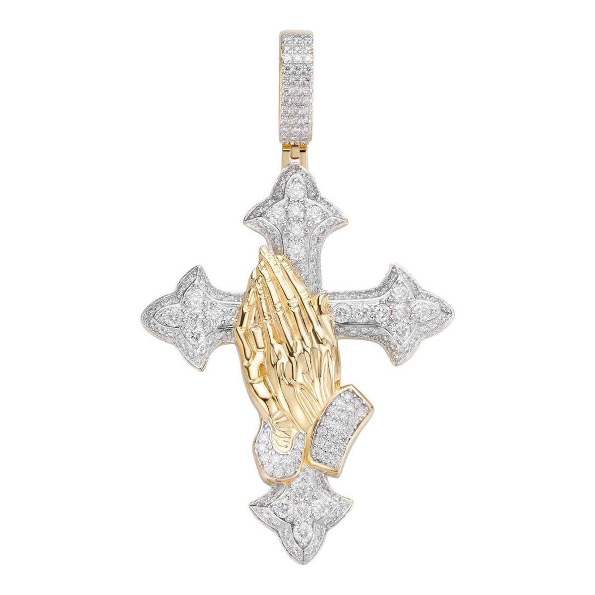 MOISSANITE Cross & Praying Hands Pendant - 14k Gold Vermeil 925 Silver - 3 Sizes 1.5"-3"
