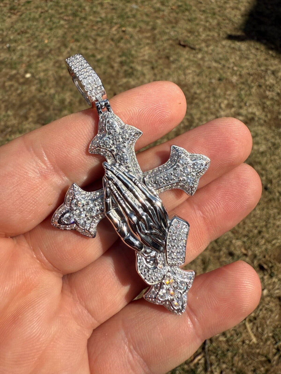 MOISSANITE Cross & Praying Hands Pendant - 925 Silver - 3 Sizes 1.5"-3"