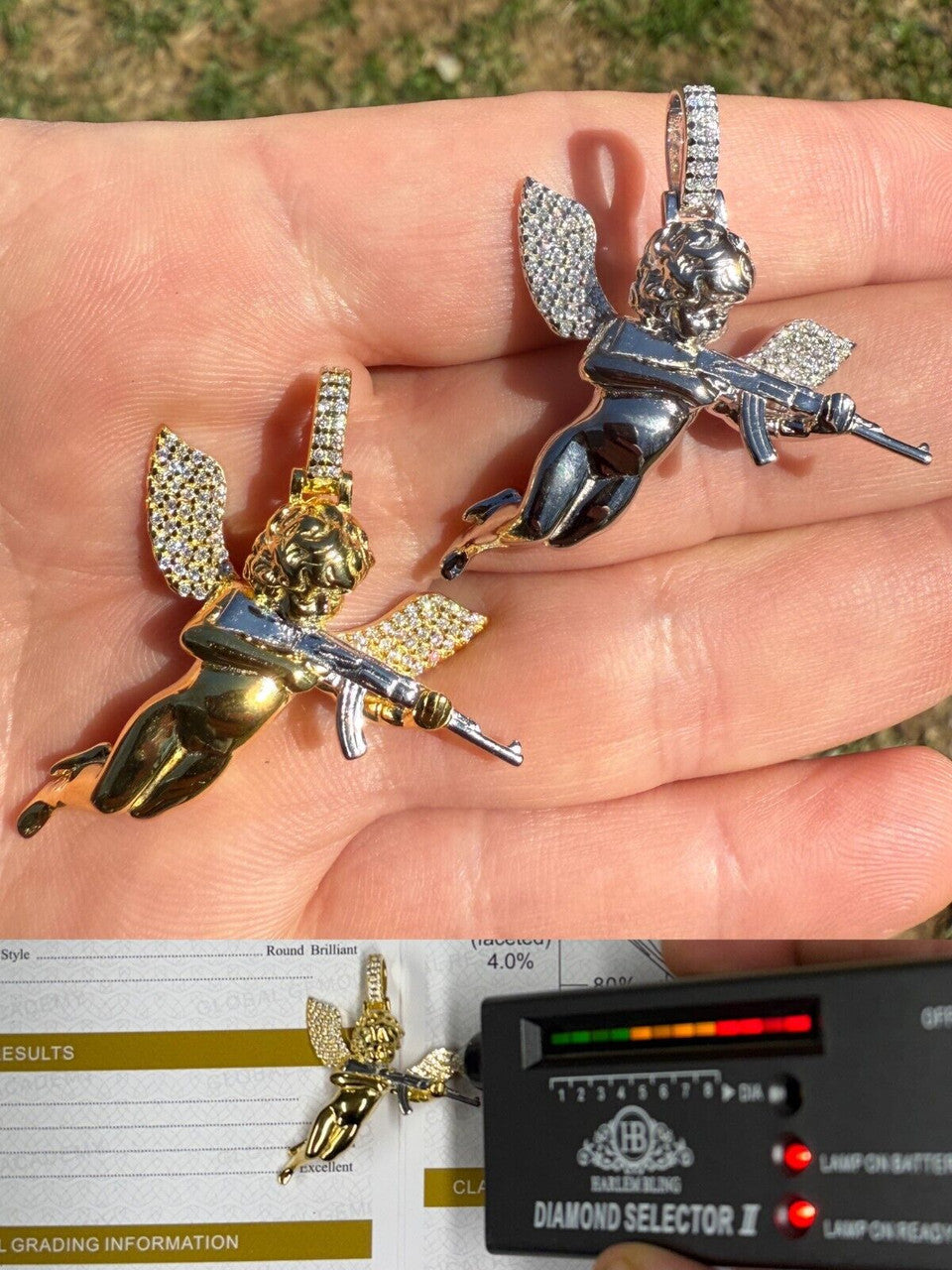 MOISSANITE Hip Hop Angel W. AK47 Gun Pendant - 14k Yellow Gold Vermeil Or 925 Silver - Medium 1.5"