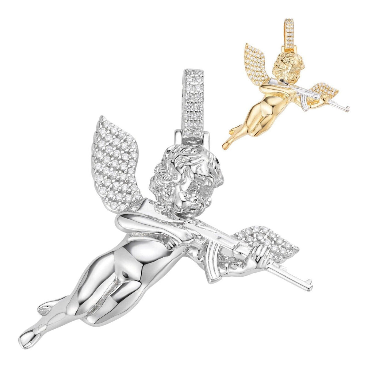 MOISSANITE Hip Hop Angel W. AK47 Gun Pendant - 14k Yellow Gold Vermeil Or 925 Silver - Medium 1.5"