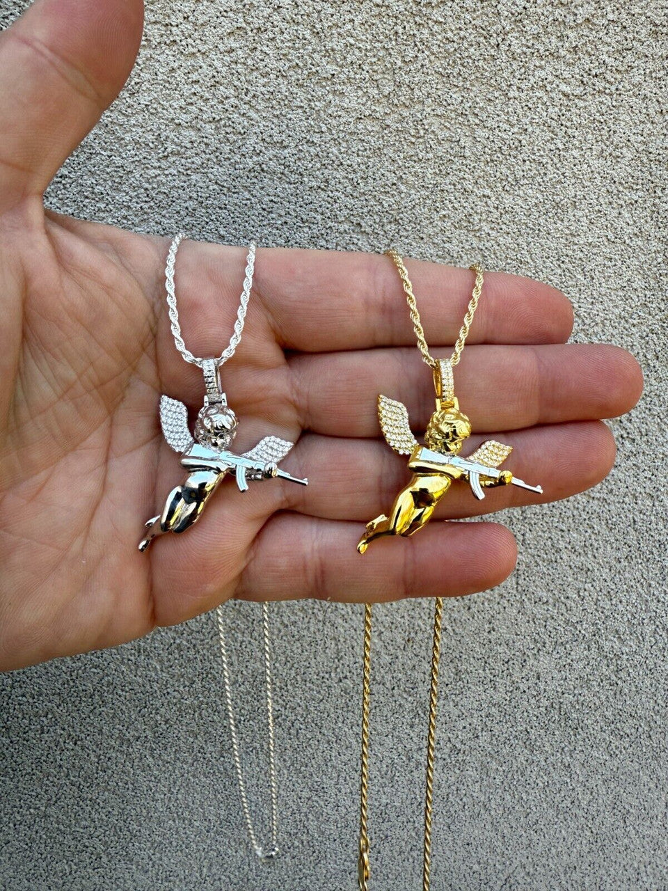 MOISSANITE Hip Hop Angel W. AK47 Gun Pendant - 14k Yellow Gold Vermeil Or 925 Silver - Medium 1.5"