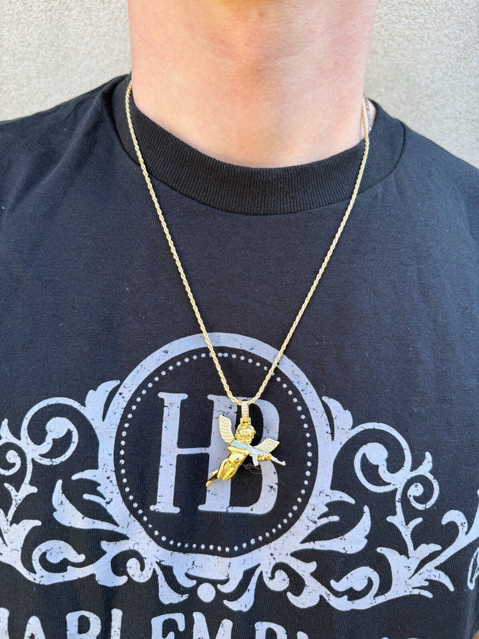 MOISSANITE Hip Hop Angel W. AK47 Gun Pendant - 14k Yellow Gold Vermeil Or 925 Silver - Medium 1.5"