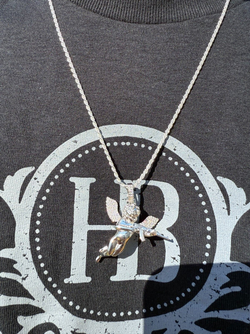 MOISSANITE Hip Hop Angel W. AK47 Gun Pendant - 14k Yellow Gold Vermeil Or 925 Silver - Medium 1.5"