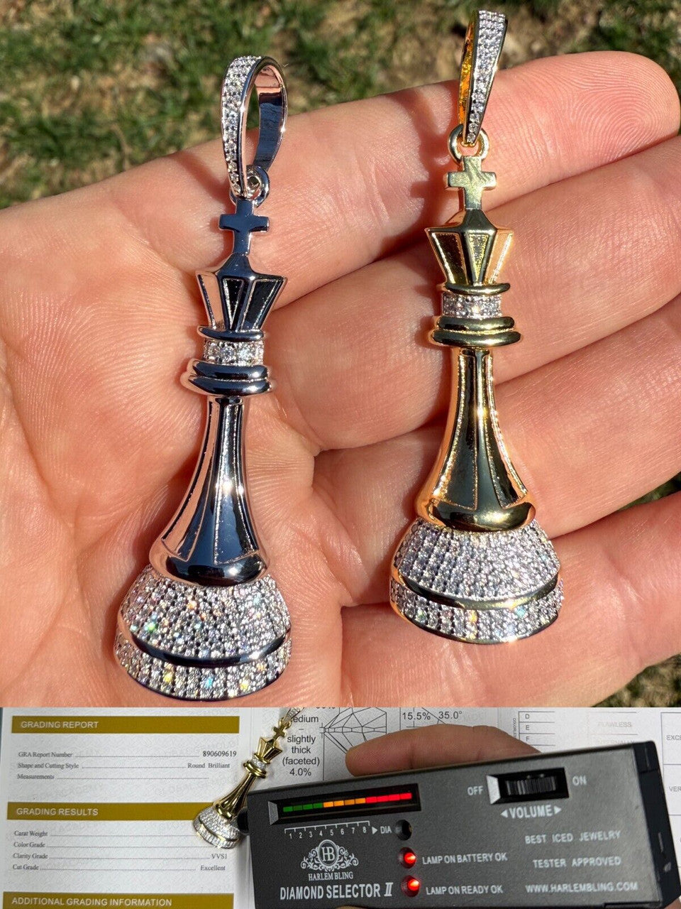 MOISSANITE King Chess Piece Iced Out Pendant - 14k Yellow Gold Vermeil Or 925 Silver - Medium 2.5"