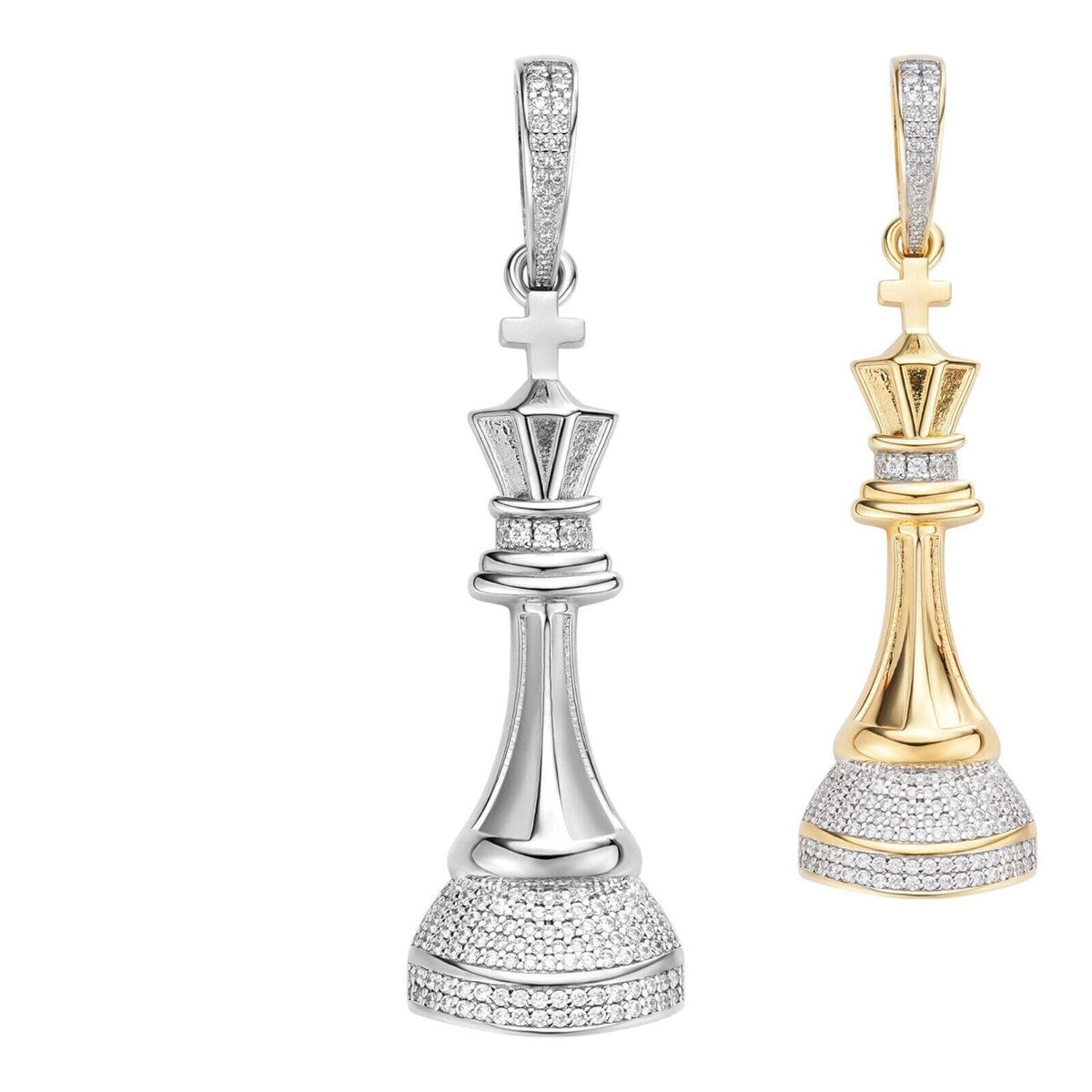 MOISSANITE King Chess Piece Iced Out Pendant - 14k Yellow Gold Vermeil Or 925 Silver - Medium 2.5"