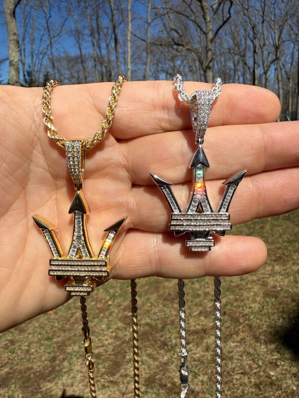 MOISSANITE Trident Maserati Logo Iced Out Pendant - 14k Gold Vermeil Or 925 Silver - Medium 2.25"