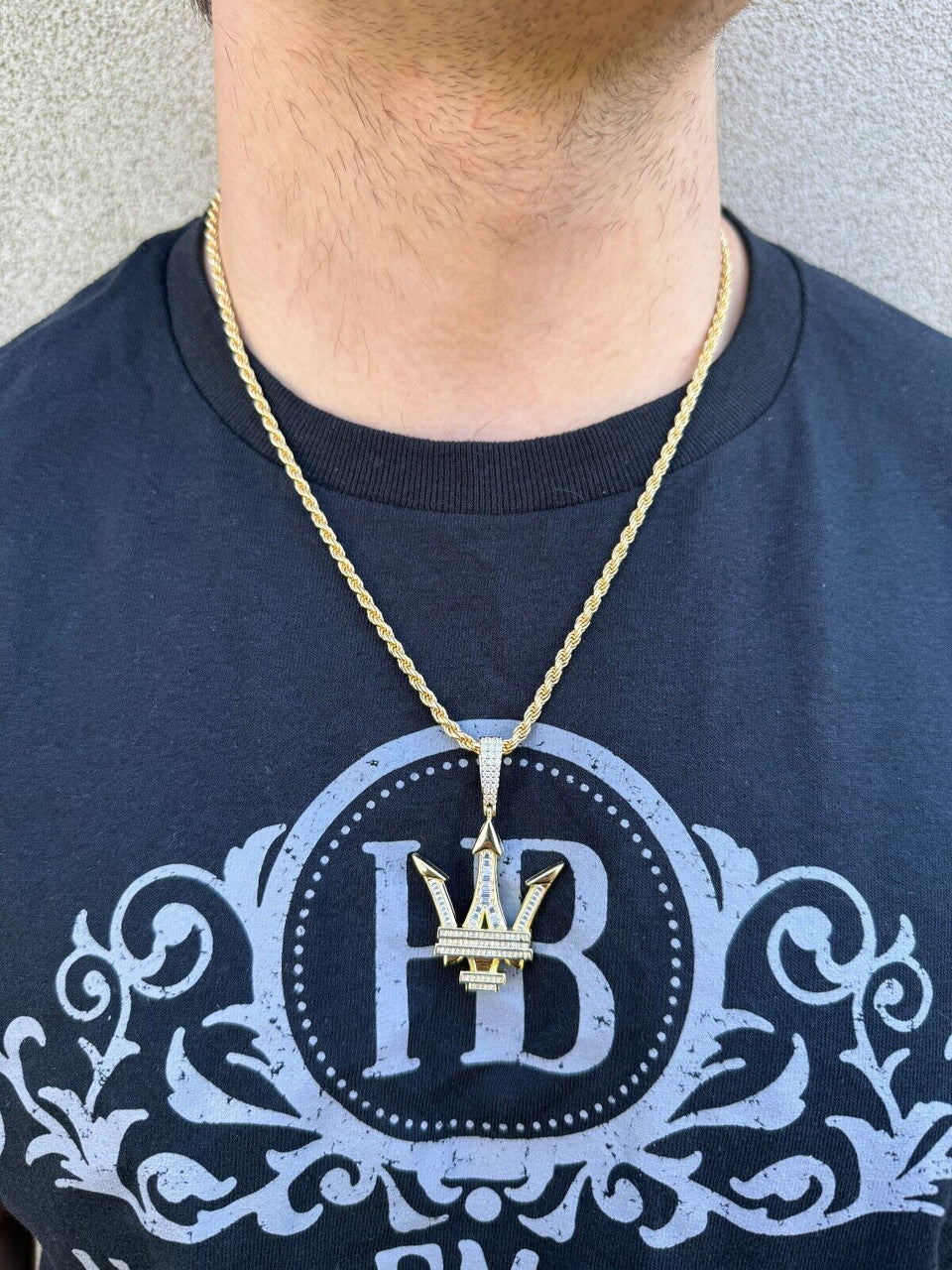 MOISSANITE Trident Maserati Logo Iced Out Pendant - 14k Gold Vermeil Or 925 Silver - Medium 2.25"