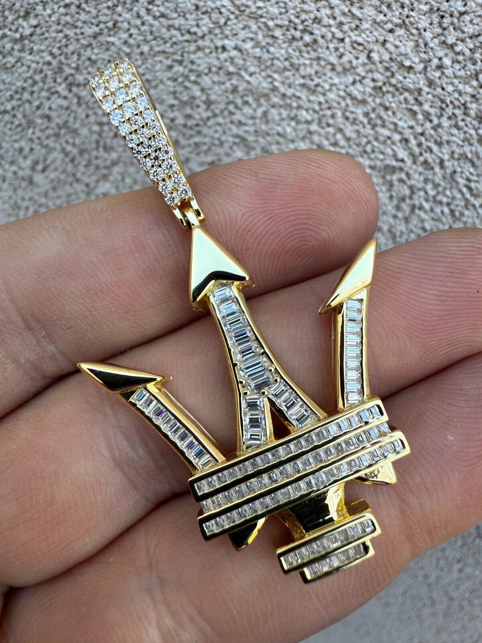 MOISSANITE Trident Maserati Logo Iced Out Pendant - 14k Gold Vermeil Or 925 Silver - Medium 2.25"
