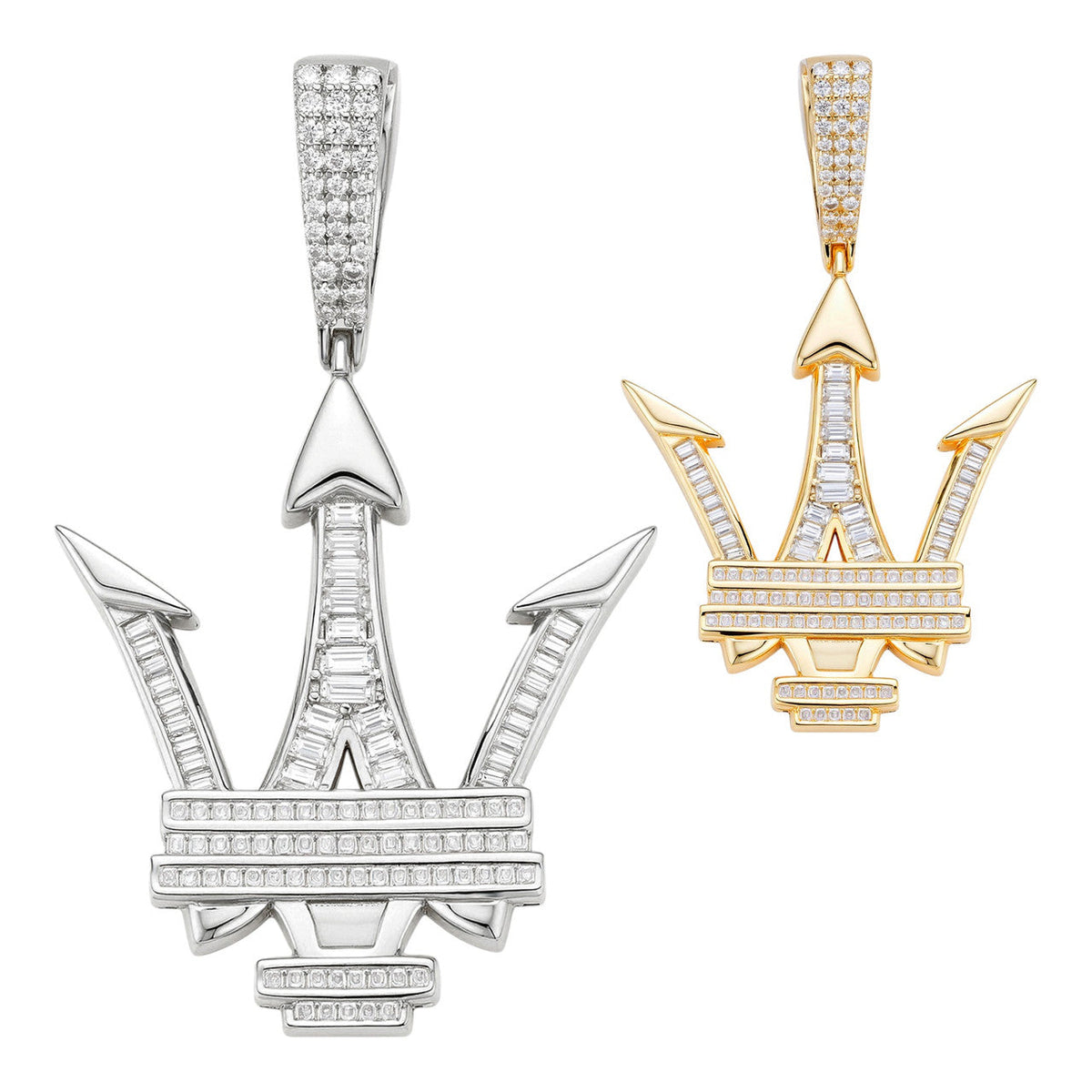 MOISSANITE Trident Maserati Logo Iced Out Pendant - 14k Gold Vermeil Or 925 Silver - Medium 2.25"
