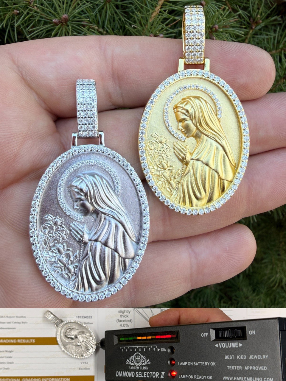MOISSANITE Virgin Mary Sandblasted Medallion Pendant - 14k Gold Vermeil Or 925 Silver - Medium 2"