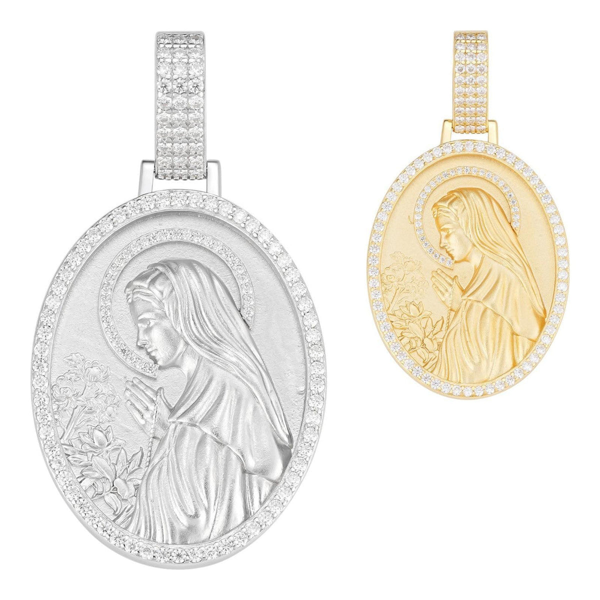 MOISSANITE Virgin Mary Sandblasted Medallion Pendant - 14k Gold Vermeil Or 925 Silver - Medium 2"