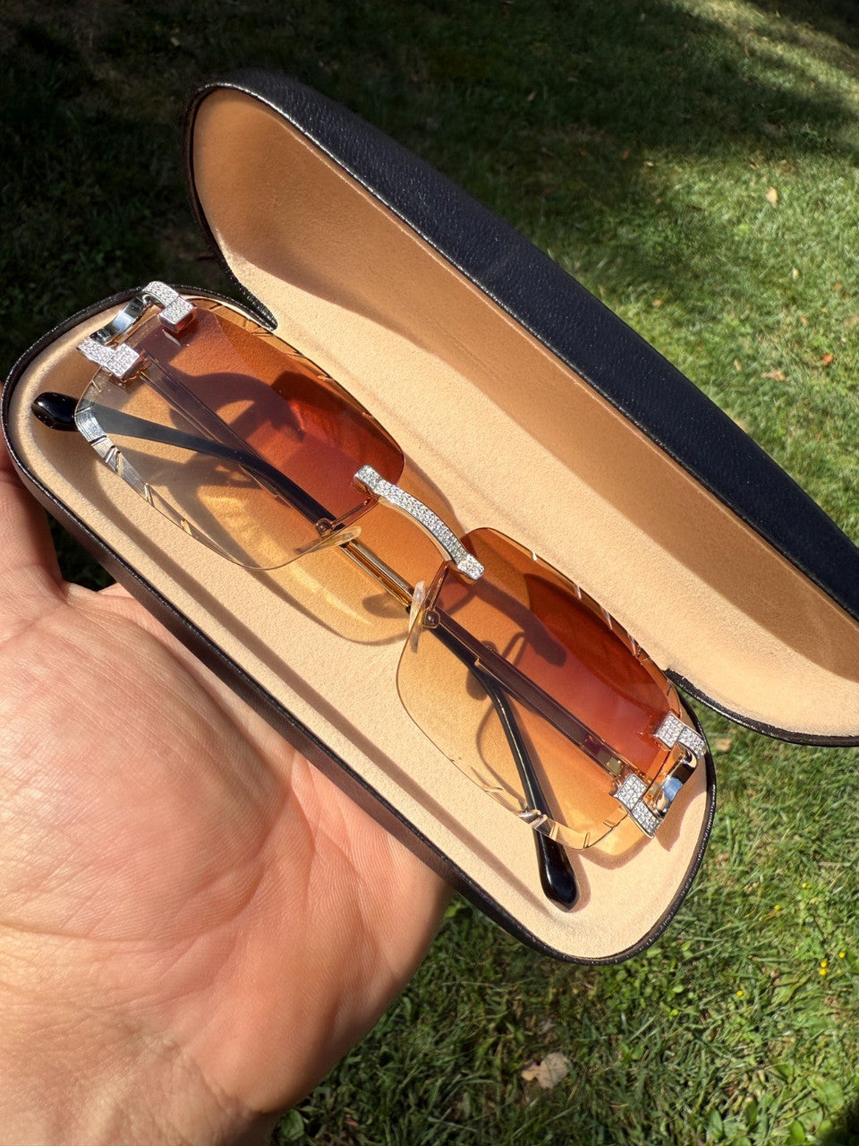 MOISSANITE Big C Iced Out Sunglasses - 925 Silver Buffs - Light Brown