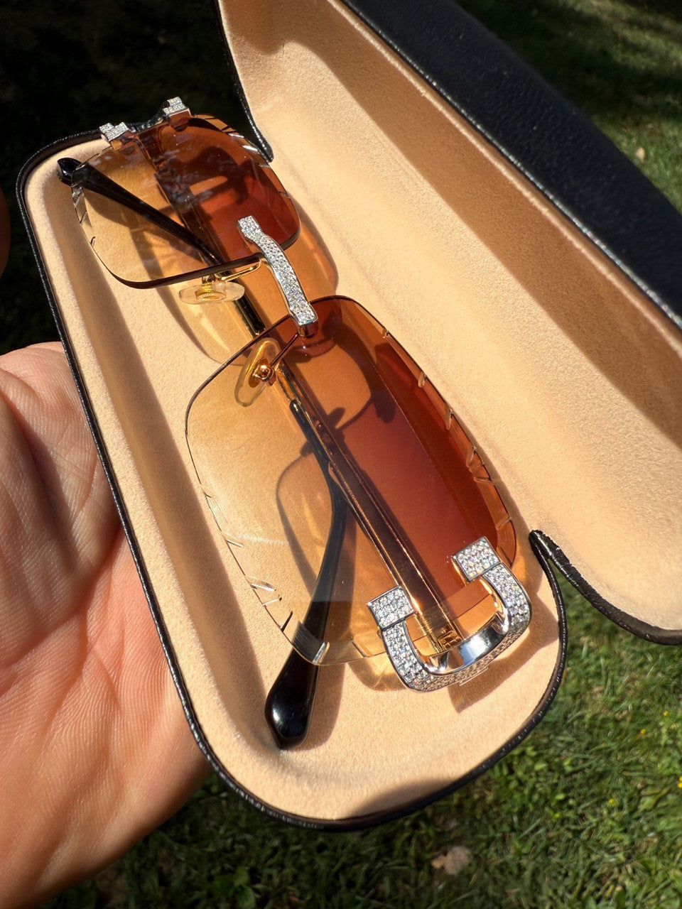 MOISSANITE Big C Iced Out Sunglasses - 925 Silver Buffs - Light Brown