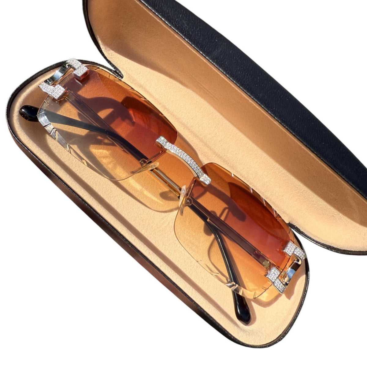 MOISSANITE Big C Iced Out Sunglasses - 925 Silver Buffs - Light Brown