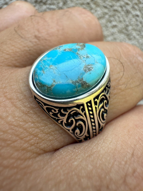 Arabian Nights Ring - 925 Silver Oxidized - Genuine Blue Turquoise Stone