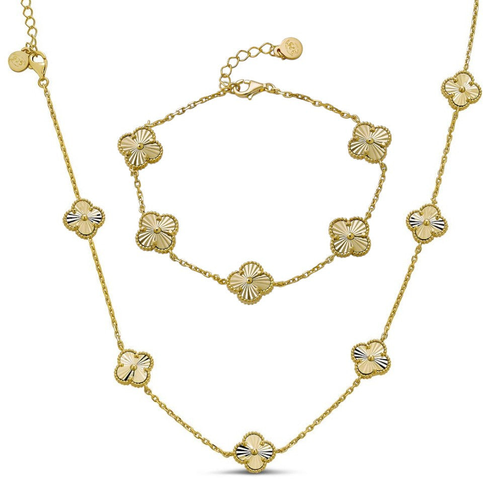 Cleef Clover Link Chain Necklace Or Bracelet Diamond Cut Motifs - 14k Gold Vermeil 925 Sterling Silver - 5.5"-24"