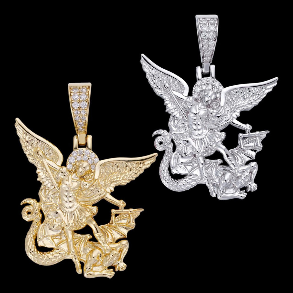 0.17ct Real DIAMOND Saint Michael Archangel Slaying Dragon Pendant - 14k Yellow Gold Vermeil Or 925 Silver - Small 1.33"