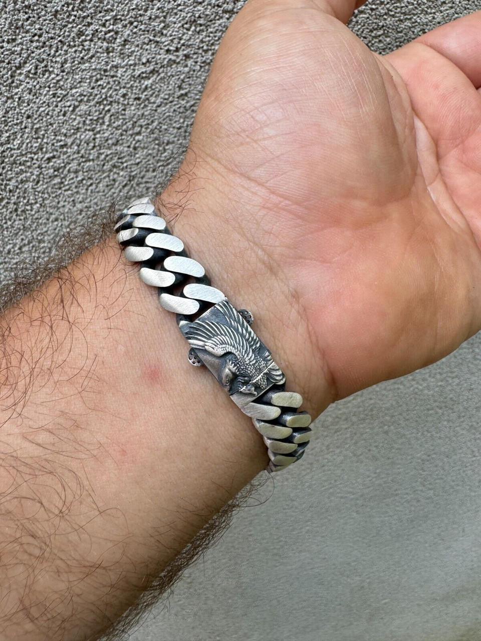 Miami Cuban Bracelet With Custom Eagle Sleek Clasp - 925 Sterling Silver Oxidized Gunmetal - 7"-9" - 12mm