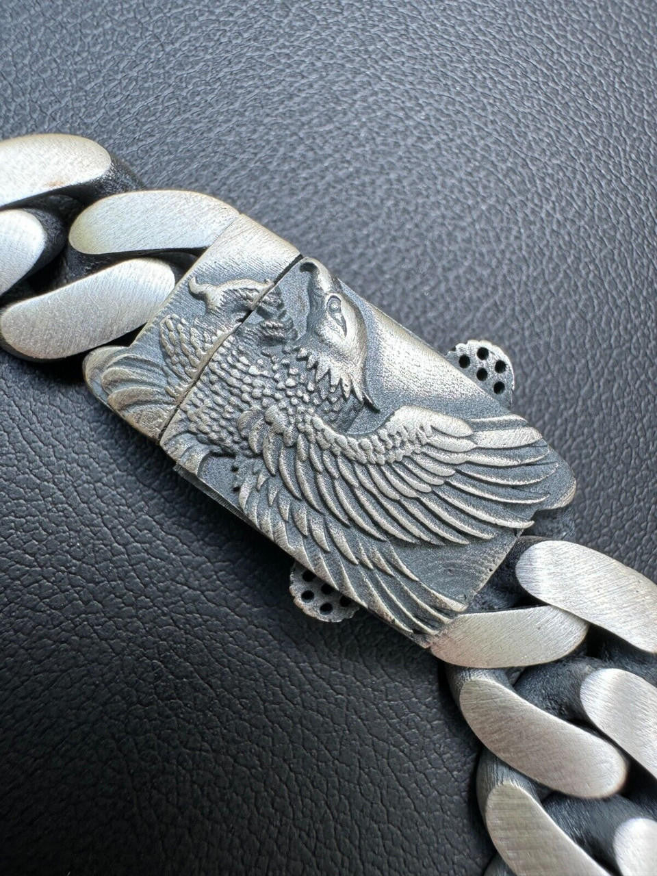 Miami Cuban Bracelet With Custom Eagle Sleek Clasp - 925 Sterling Silver Oxidized Gunmetal - 7"-9" - 12mm