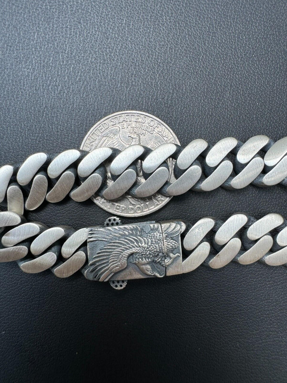Miami Cuban Bracelet With Custom Eagle Sleek Clasp - 925 Sterling Silver Oxidized Gunmetal - 7"-9" - 12mm
