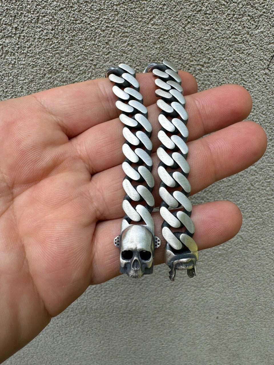 Miami Cuban Bracelet With Custom Skull Sleek Clasp - 925 Sterling Silver Oxidized Gunmetal - 7"-9" - 12mm