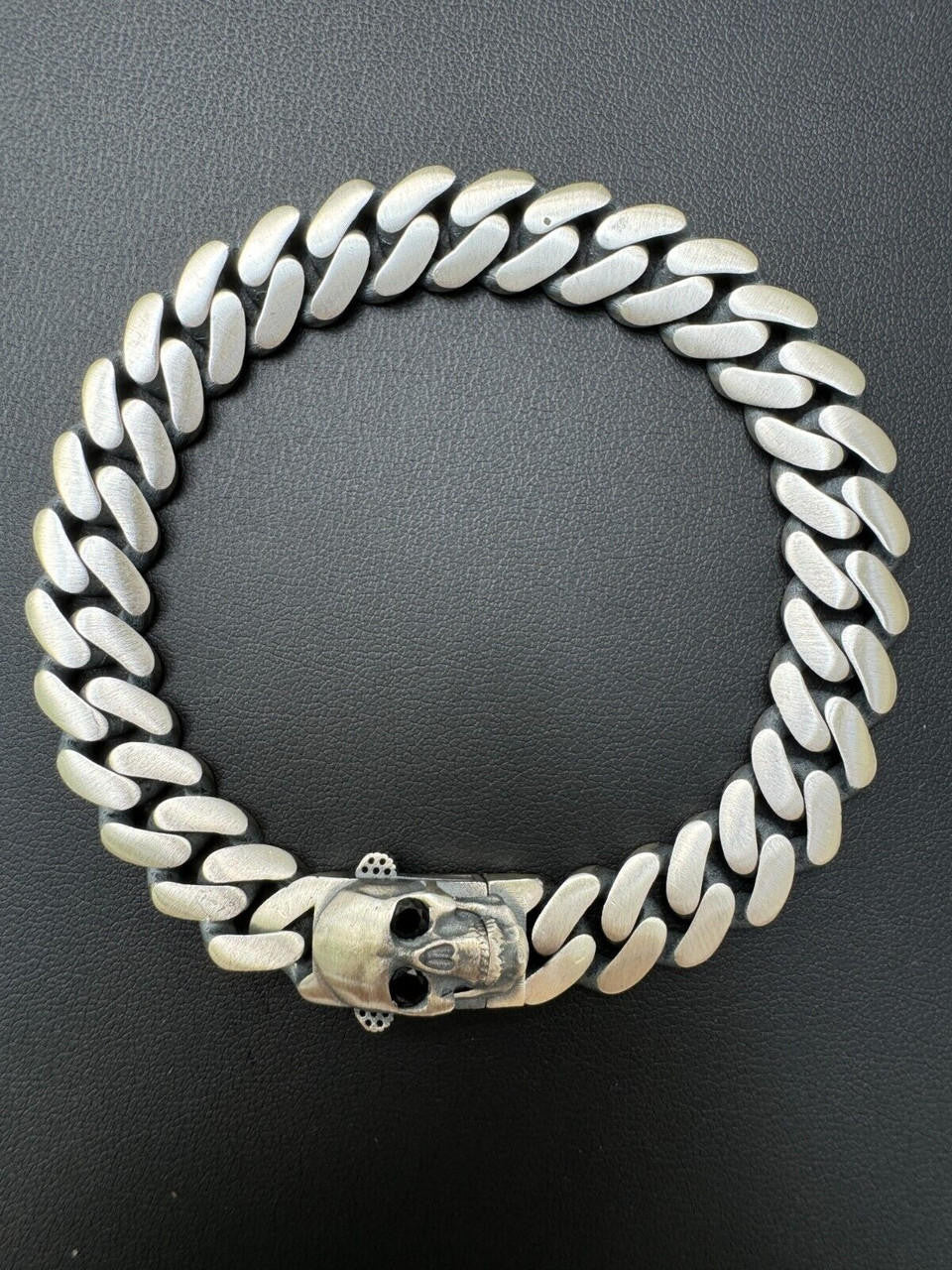 Miami Cuban Bracelet With Custom Skull Sleek Clasp - 925 Sterling Silver Oxidized Gunmetal - 7"-9" - 12mm