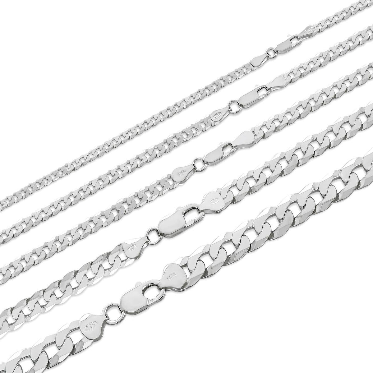 Flat Curb Cuban Chain Necklace - 925 Sterling Silver - 16"-30" - 3mm-10.5mm