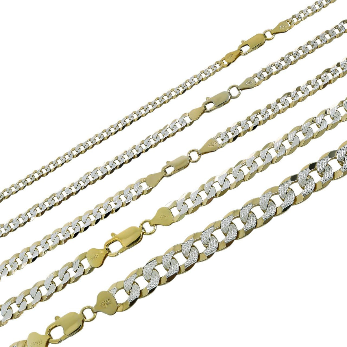 Flat Curb Cuban Chain Necklace - Two Tone Diamond Cut 14k Gold Vermeil 925 Sterling Silver - 16"-30" - 3mm-10.5mm