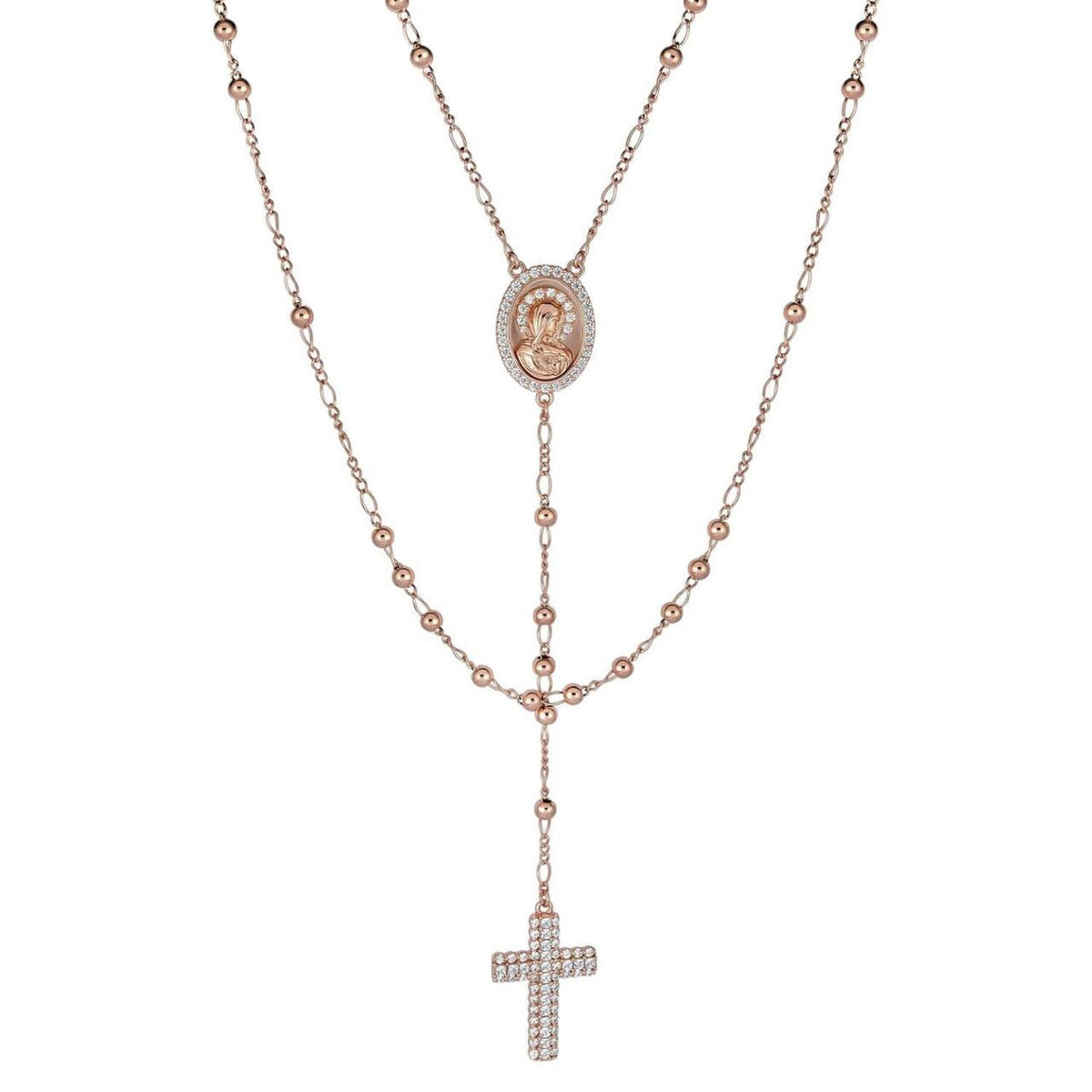 Holy Vatican Rosary Beads Necklace Iced Out CZ Stones - 14k Rose Gold Vermeil 925 Silver - 4mm - 30"