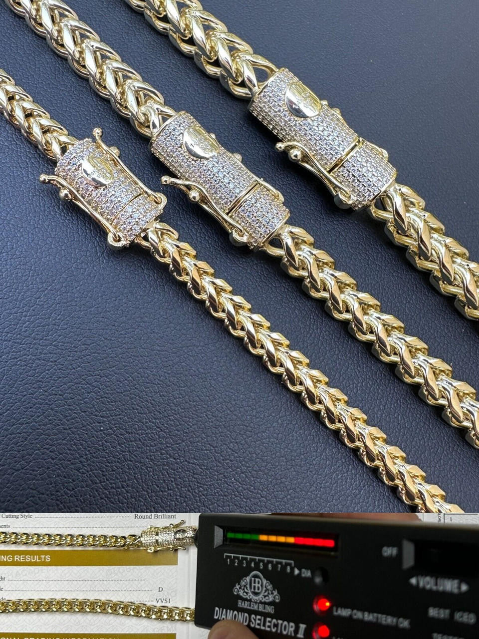 MOISSANITE CLASP Franco Chain Necklace - 14k Gold Plated Stainless Steel - 18"-30" - 4mm-6mm