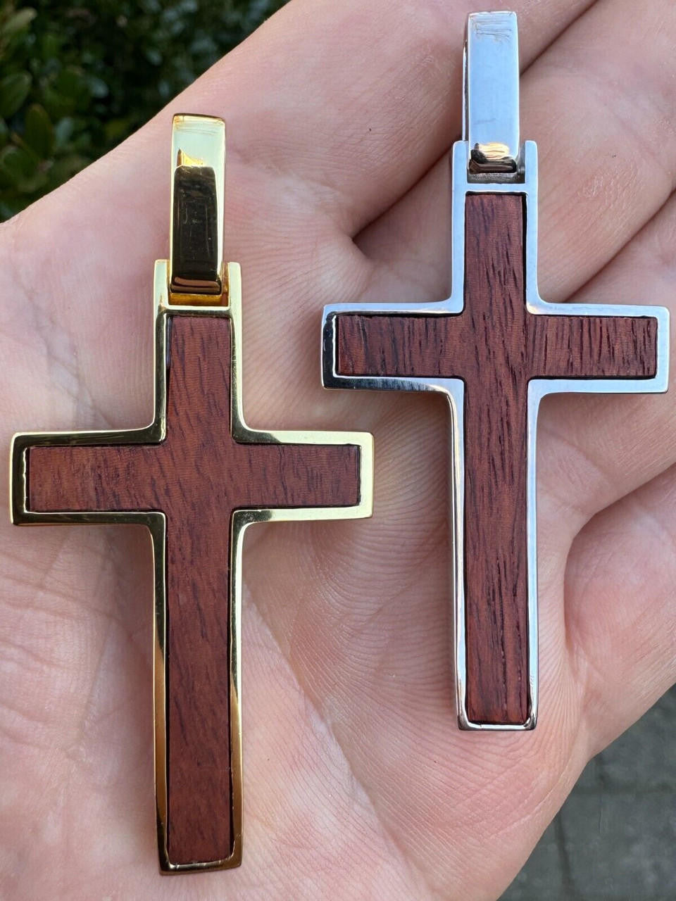 Wood Inlay Plain Religious Cross Pendant - 14k Gold Vermeil Or 925 Silver - Large 2.5"