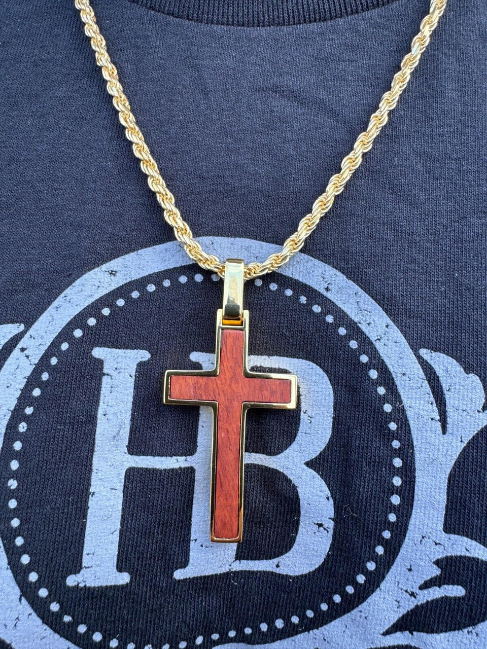 Wood Inlay Plain Religious Cross Pendant - 14k Gold Vermeil Or 925 Silver - Large 2.5"