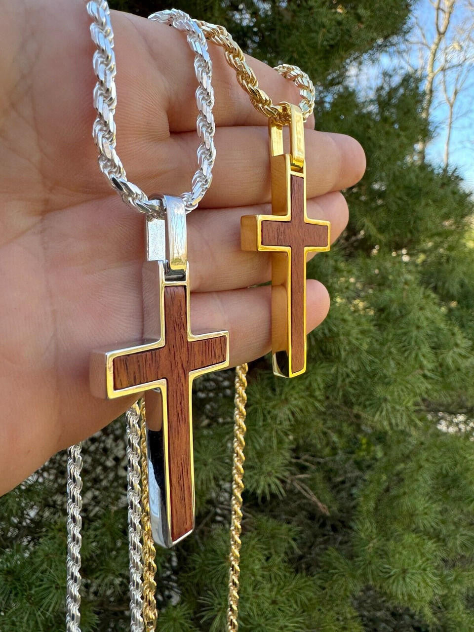 Wood Inlay Plain Religious Cross Pendant - 14k Gold Vermeil Or 925 Silver - Large 2.5"