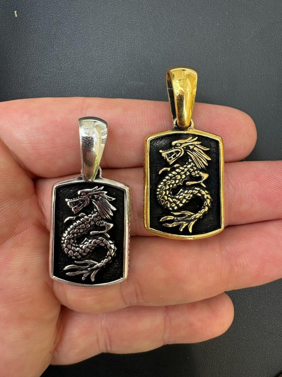 Lucky Dragon Dog Tag Pendant - 14k Gold Vermeil Or Oxidized 925 Silver - Medium 1.75"