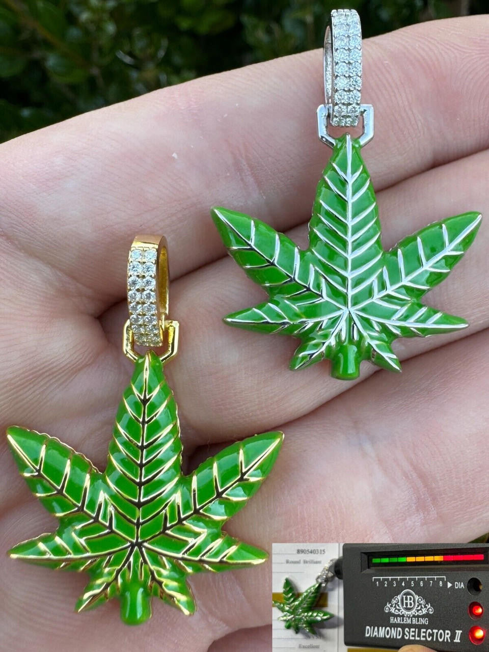 MOISSANITE Marijuana Weed Leaf Pendant - 14k Gold Vermeil Or 925 Silver - Small 1.5"