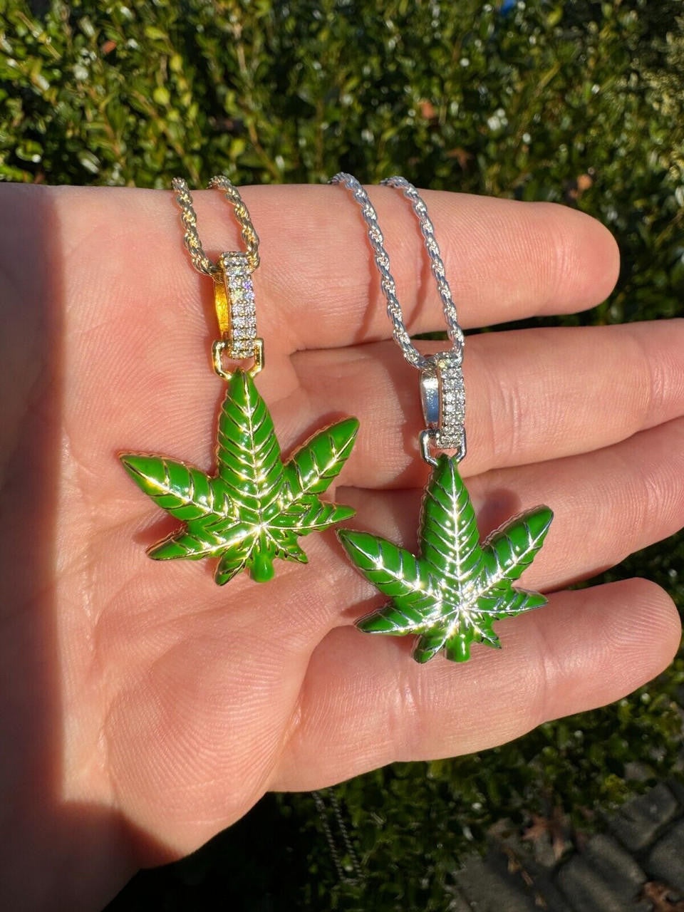 MOISSANITE Marijuana Weed Leaf Pendant - 14k Gold Vermeil Or 925 Silver - Small 1.5"